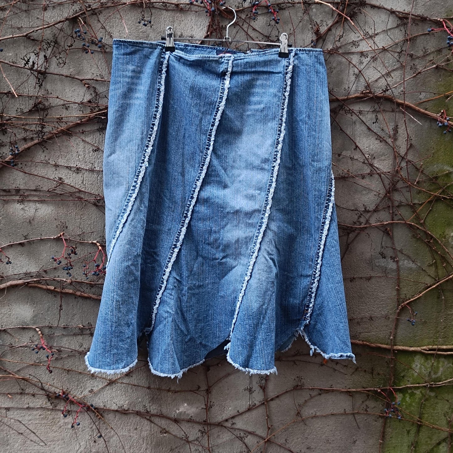 Vintage Denim Midi Skirt Deconstructed Asymmetrical Seam Blue Jean Skirt XL Plus Size