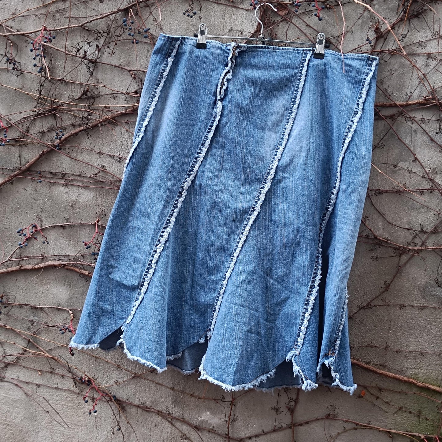 Vintage Denim Midi Skirt Deconstructed Asymmetrical Seam Blue Jean Skirt XL Plus Size