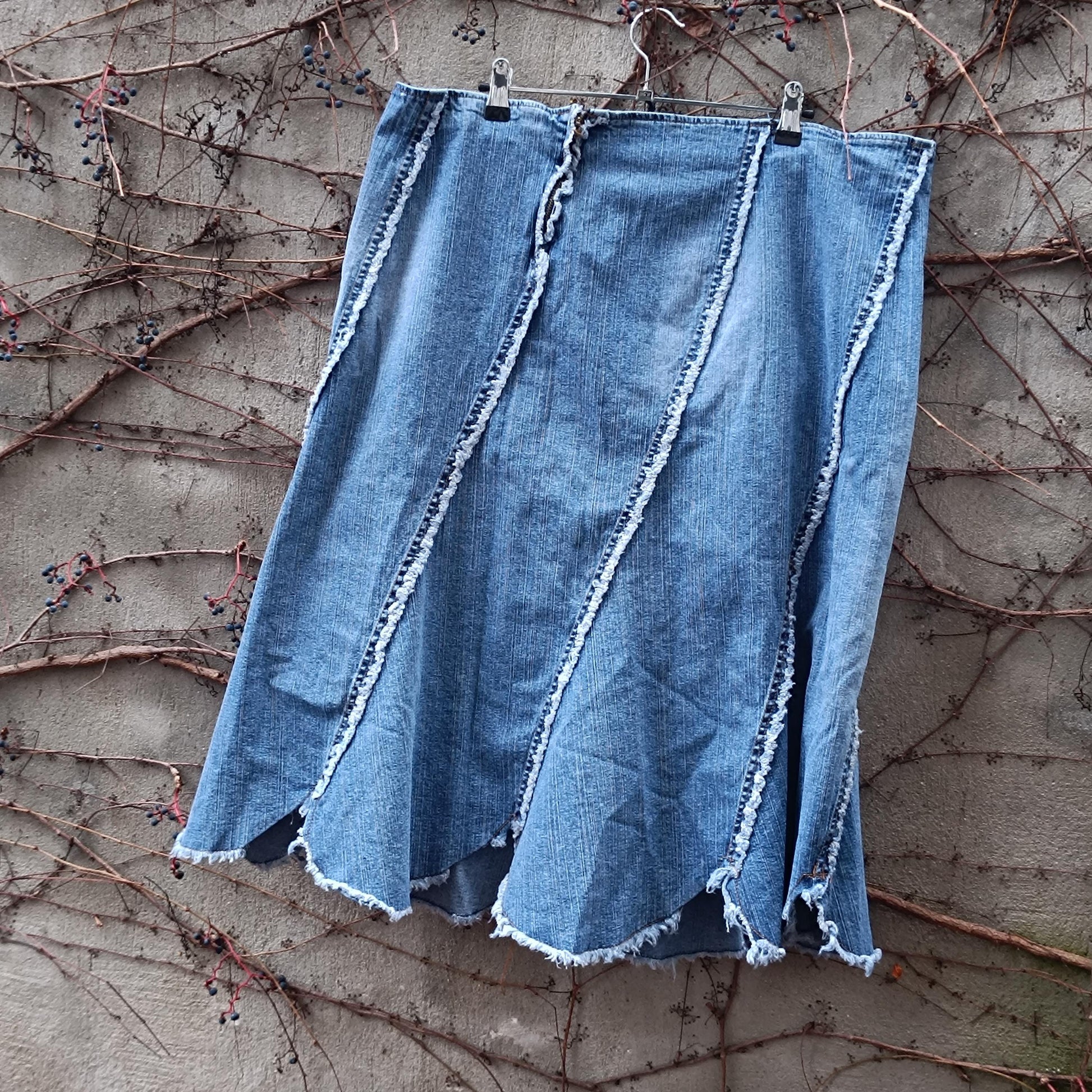 Vintage Denim Midi Skirt Deconstructed Asymmetrical Seam Blue Jean Skirt XL Plus Size