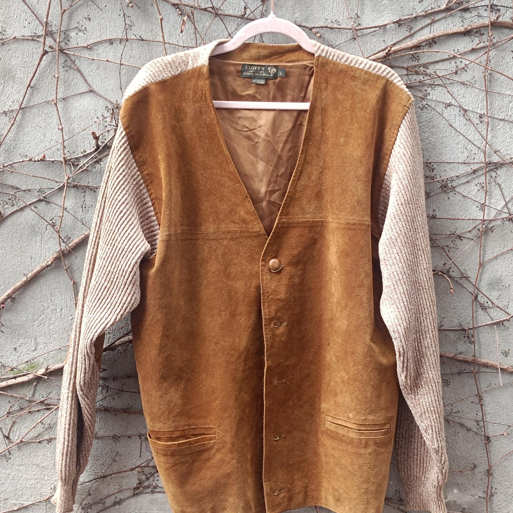 Vintage Suede Leather Cardigan Jacket Brown Knit Sleeve Boho Suede Vest Coat L