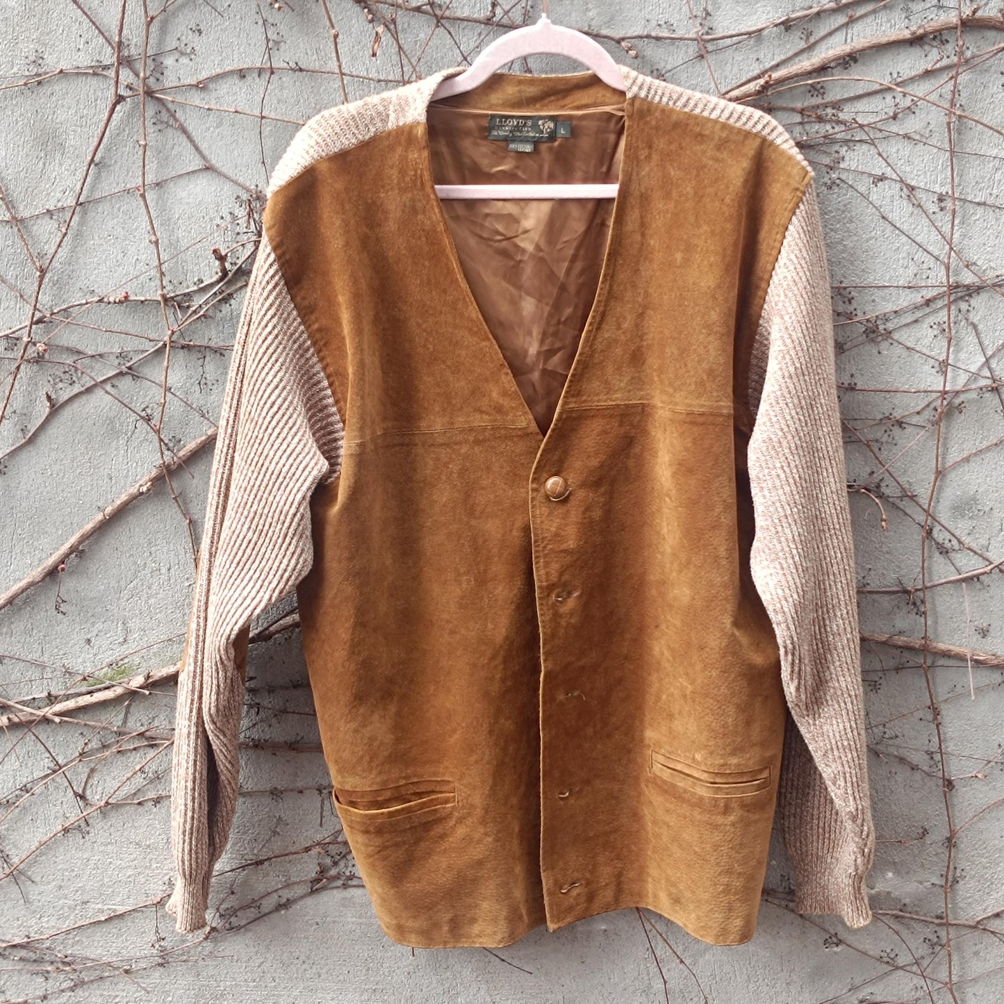Vintage Suede Leather Cardigan Jacket Brown Knit Sleeve Boho Suede Vest Coat L