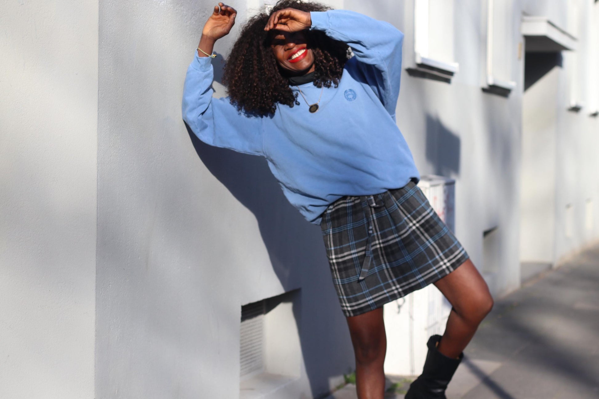 Vintage Blue Grey Plaid Mini Skirt: High Waisted Tartan A-Line