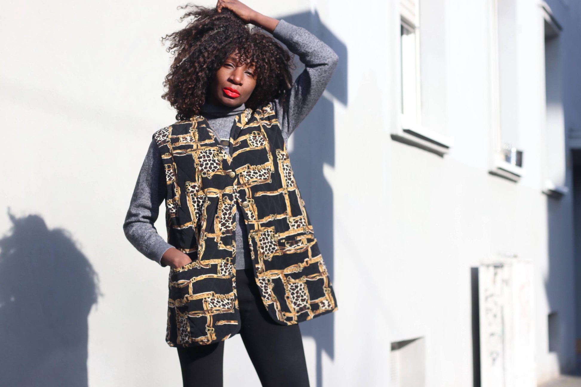 Vintage Quilted Vest Chain Print Leopard Waistcoat 90s Sleeveless Jacket Medium