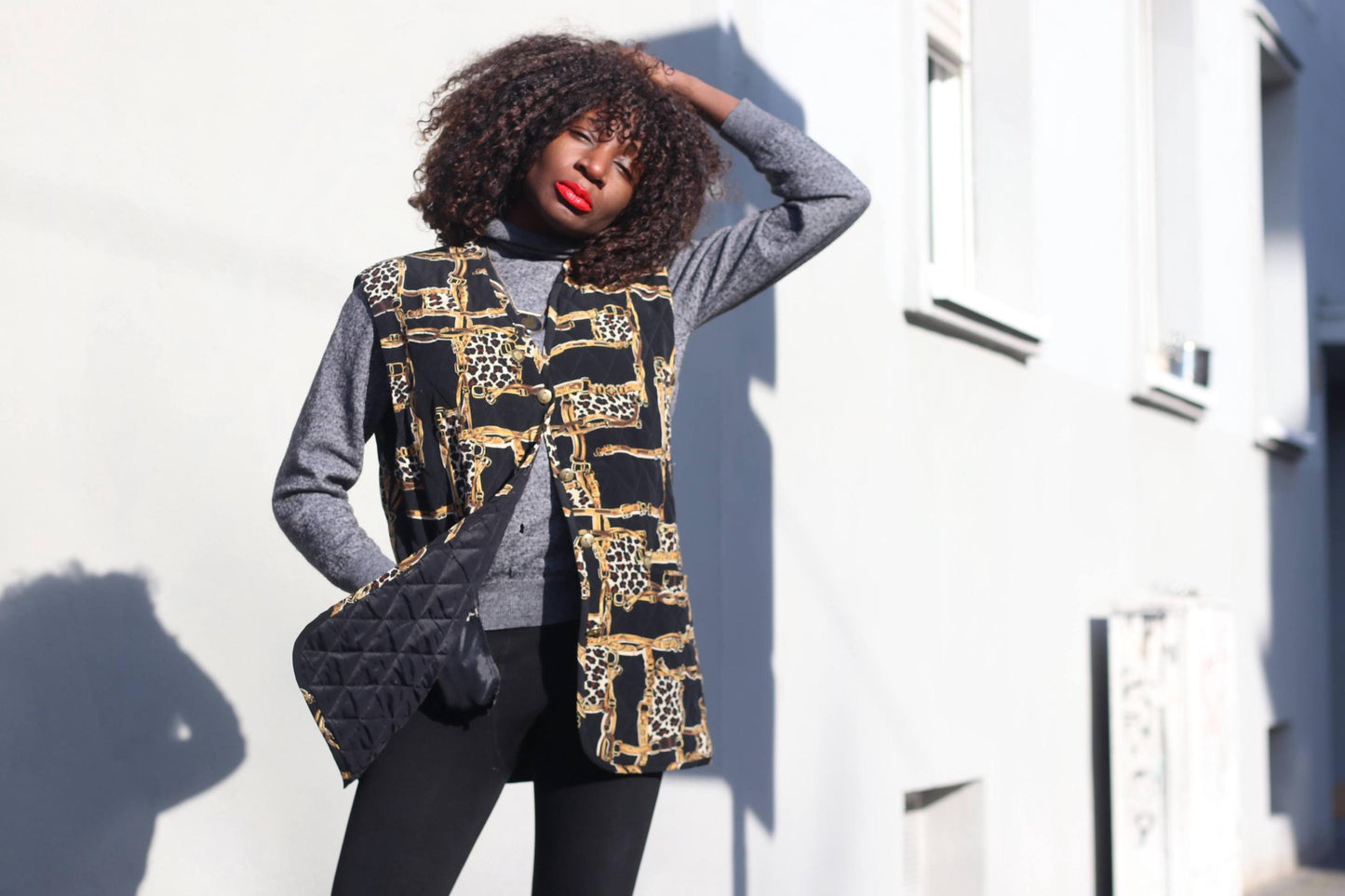 Vintage Quilted Vest Chain Print Leopard Waistcoat 90s Sleeveless Jacket Medium