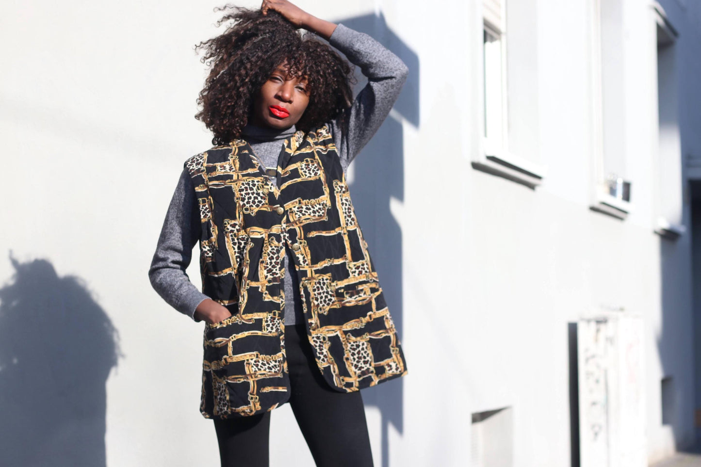 Vintage Quilted Vest Chain Print Leopard Waistcoat 90s Sleeveless Jacket Medium