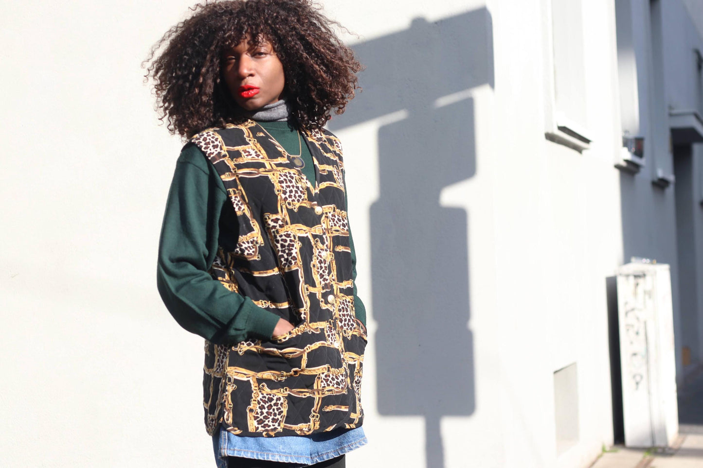 Vintage Quilted Vest Chain Print Leopard Waistcoat 90s Sleeveless Jacket Medium