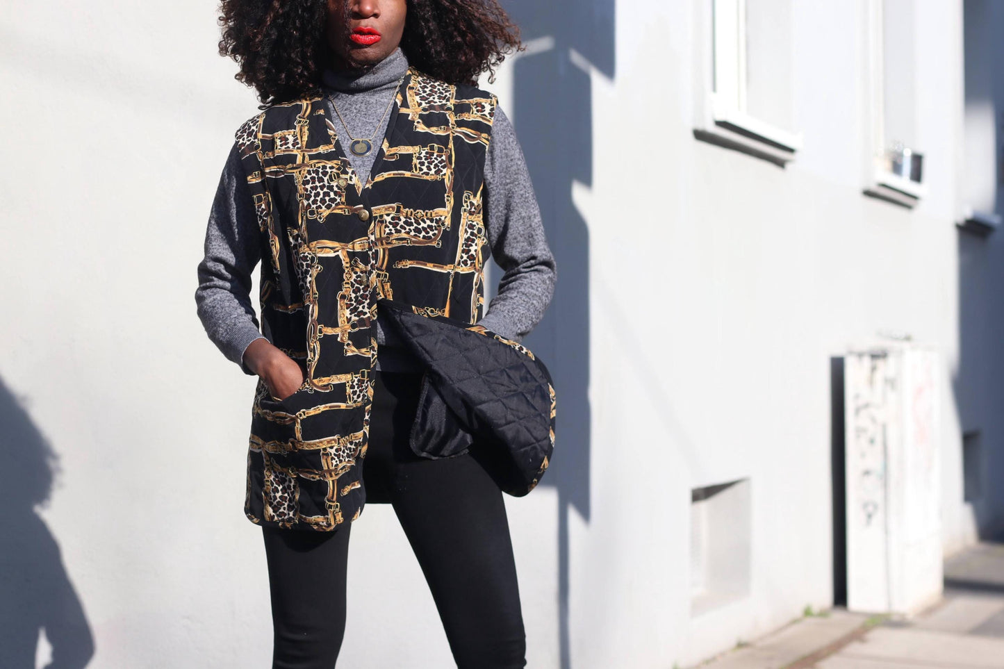 Vintage Quilted Vest Chain Print Leopard Waistcoat 90s Sleeveless Jacket Medium