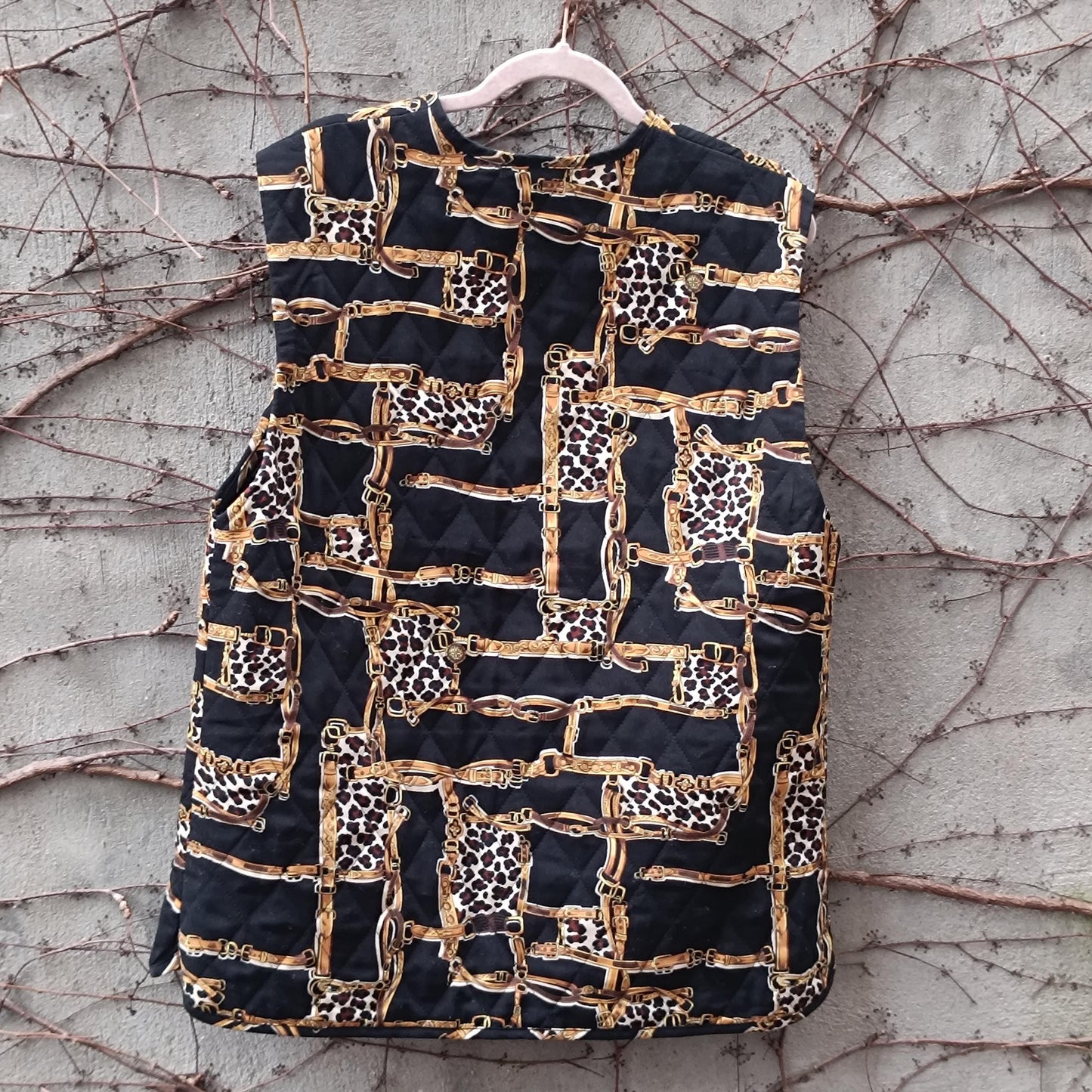 Vintage Quilted Vest Chain Print Leopard Waistcoat 90s Sleeveless Jacket Medium