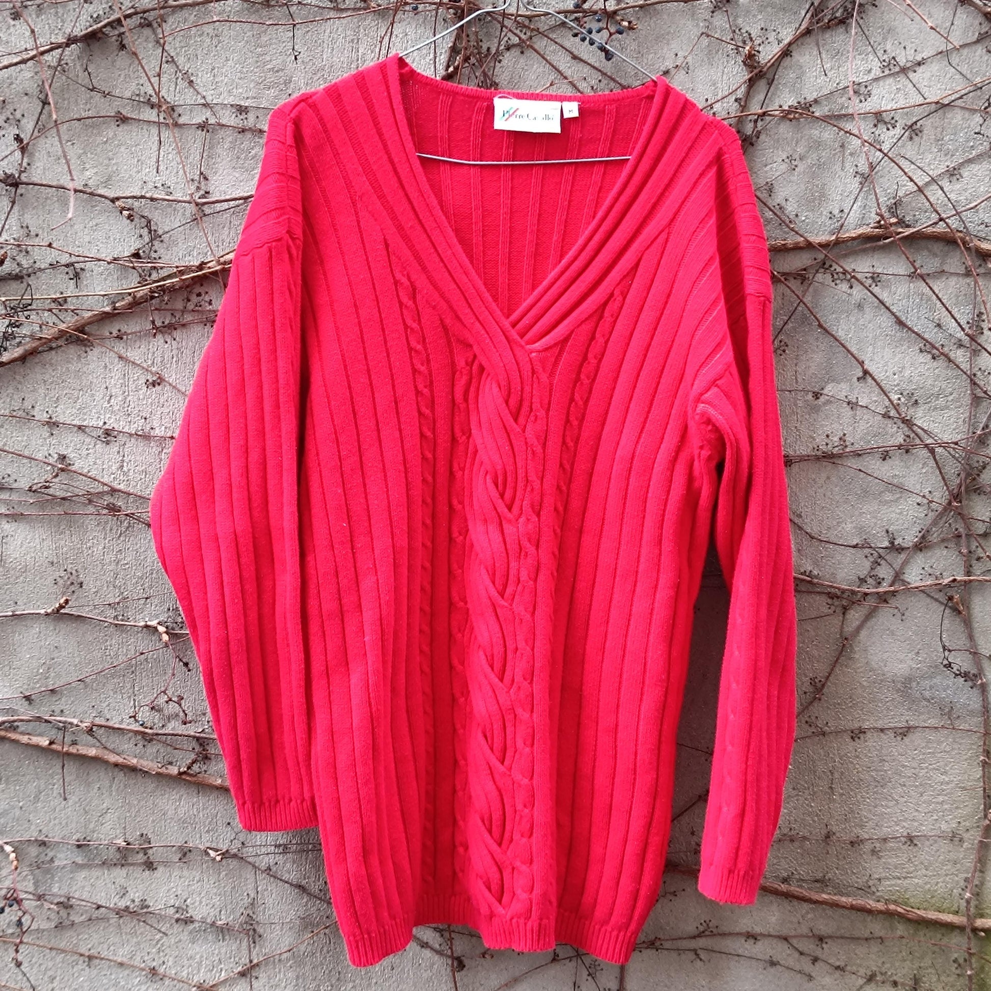 Vintage Red Cotton Cable Knit Sweater V-Neck Oversized 90s Preppy Pierre Cavallo