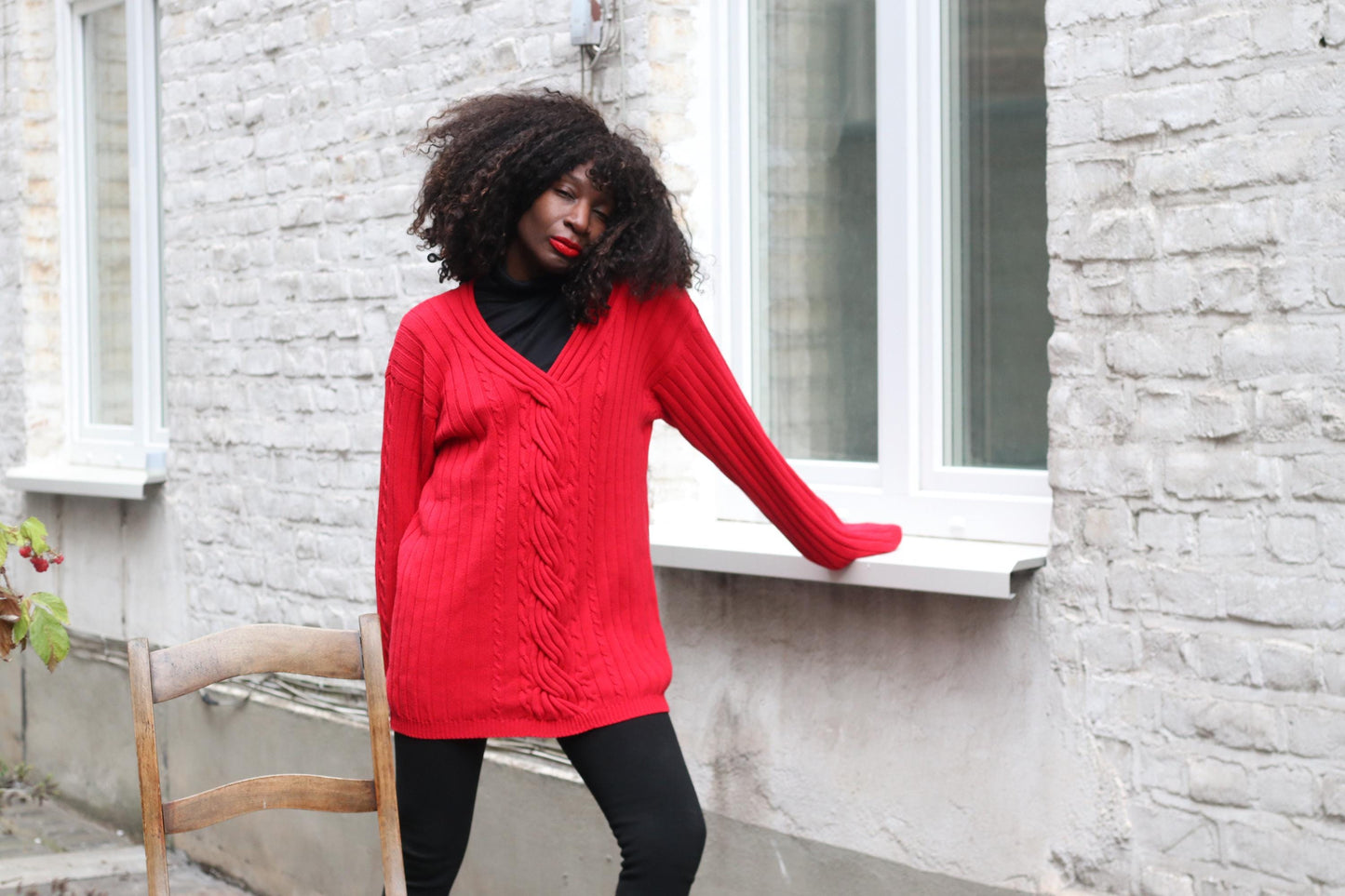 Vintage Red Cotton Cable Knit Sweater V-Neck Oversized 90s Preppy Pierre Cavallo