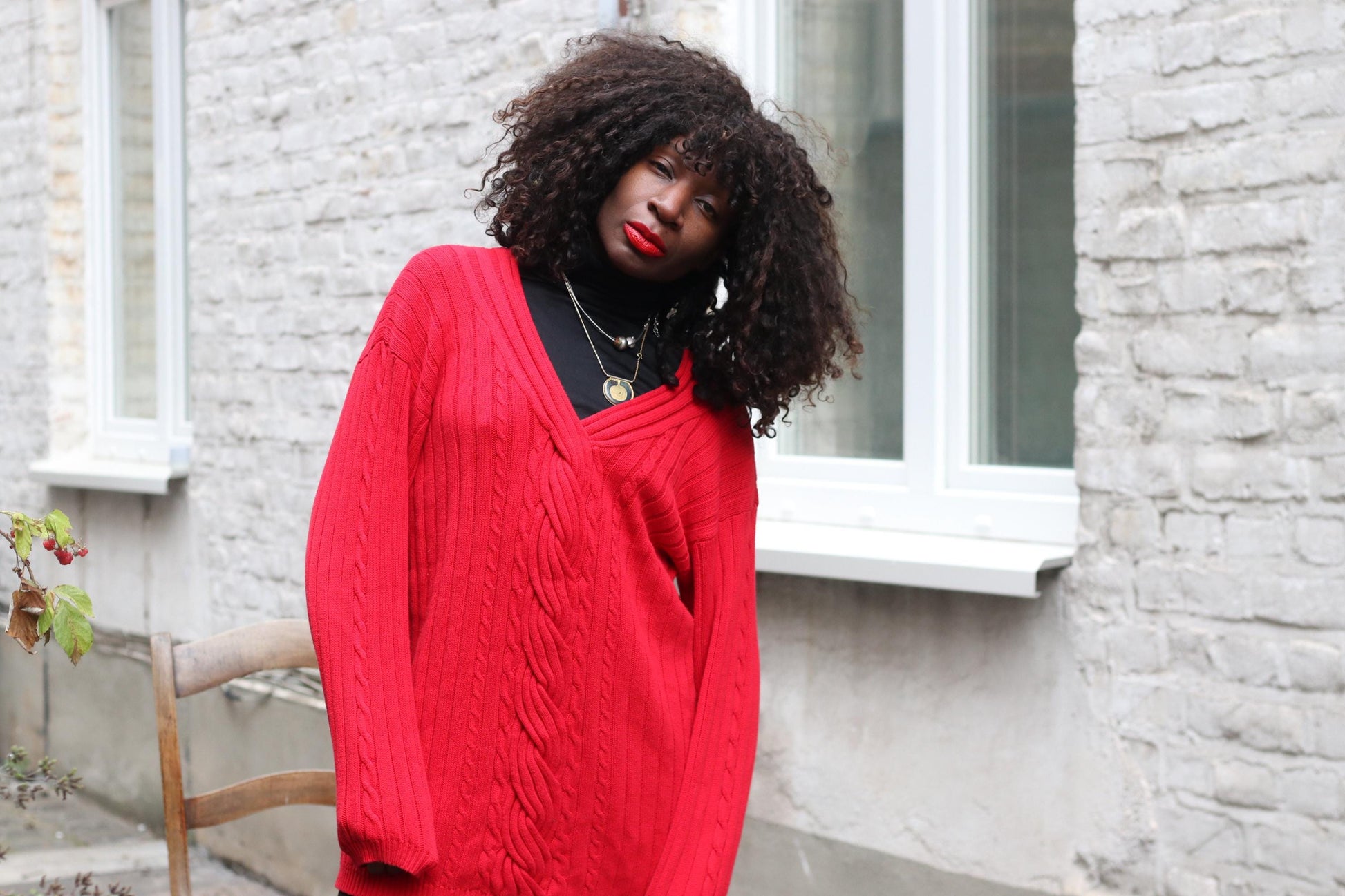 Vintage Red Cotton Cable Knit Sweater V-Neck Oversized 90s Preppy Pierre Cavallo