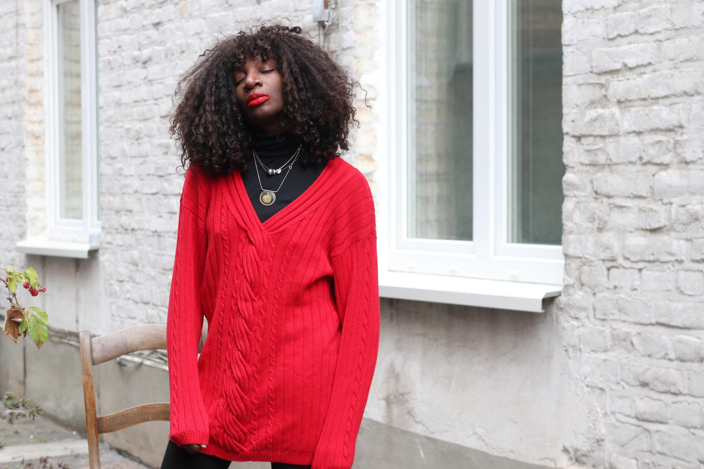 Vintage Red Cotton Cable Knit Sweater V-Neck Oversized 90s Preppy Pierre Cavallo