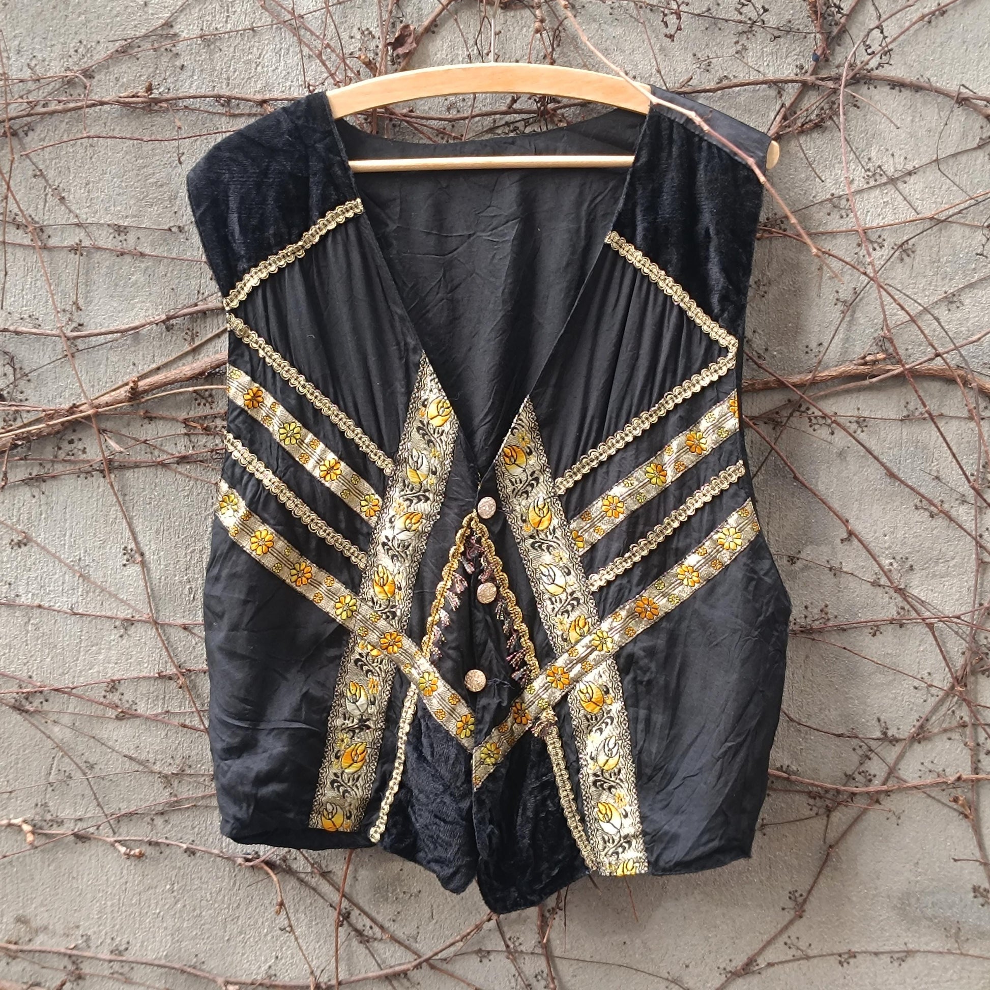 Vintage Embroidered Folk Vest Black Velvet Gold Brocade Waistcoat Boho Festival Top