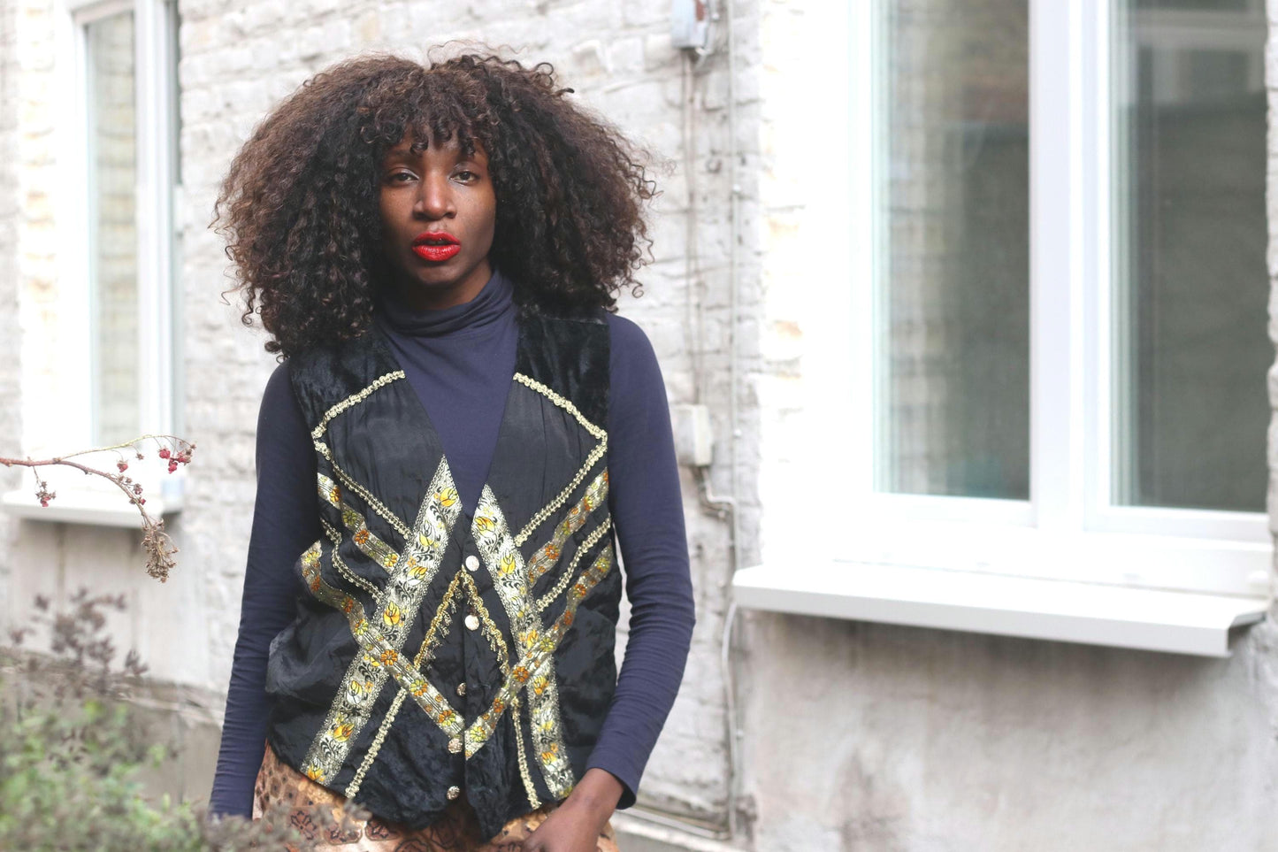 Vintage Embroidered Folk Vest Black Velvet Gold Brocade Waistcoat Boho Festival Top