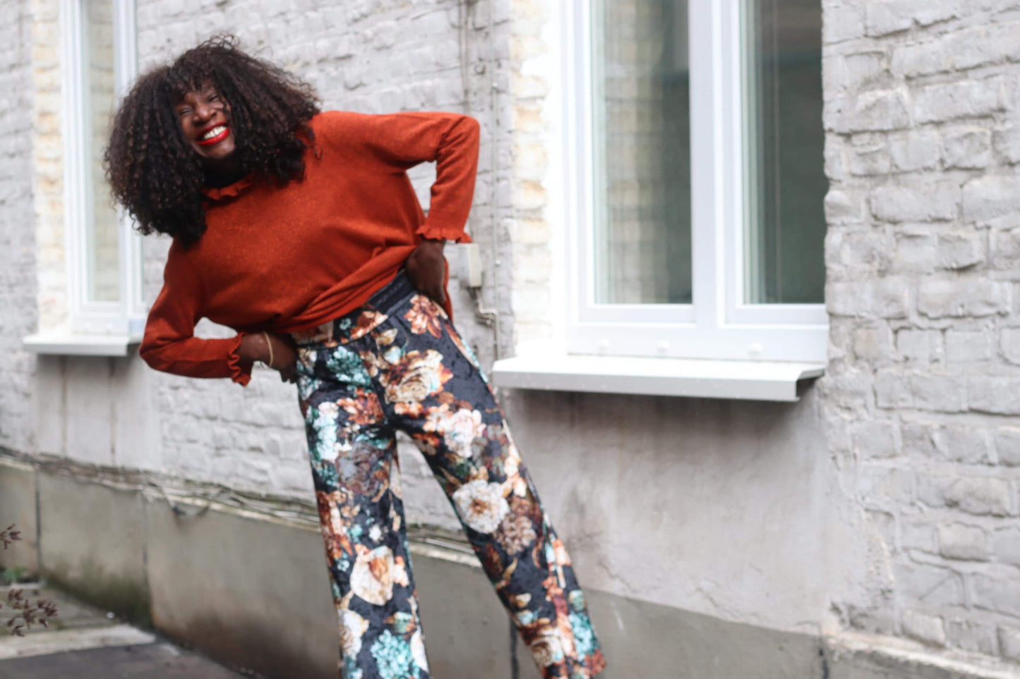 Floral Velvet Wide Leg Trousers Vintage Style High Waist Palazzo Pants S