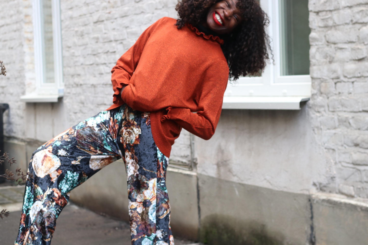 Floral Velvet Wide Leg Trousers Vintage Style High Waist Palazzo Pants S