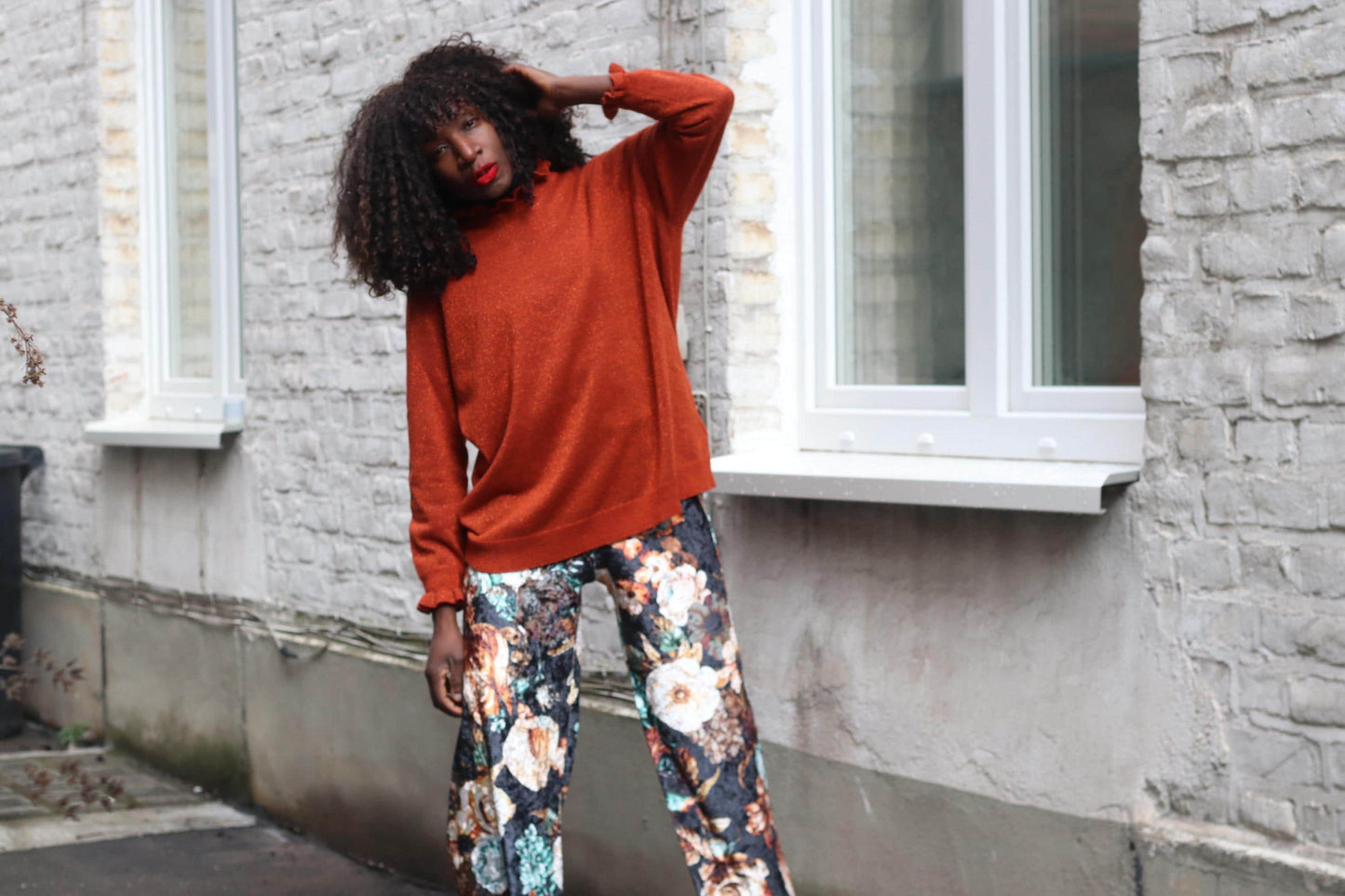 Floral Velvet Wide Leg Trousers Vintage Style High Waist Palazzo Pants S