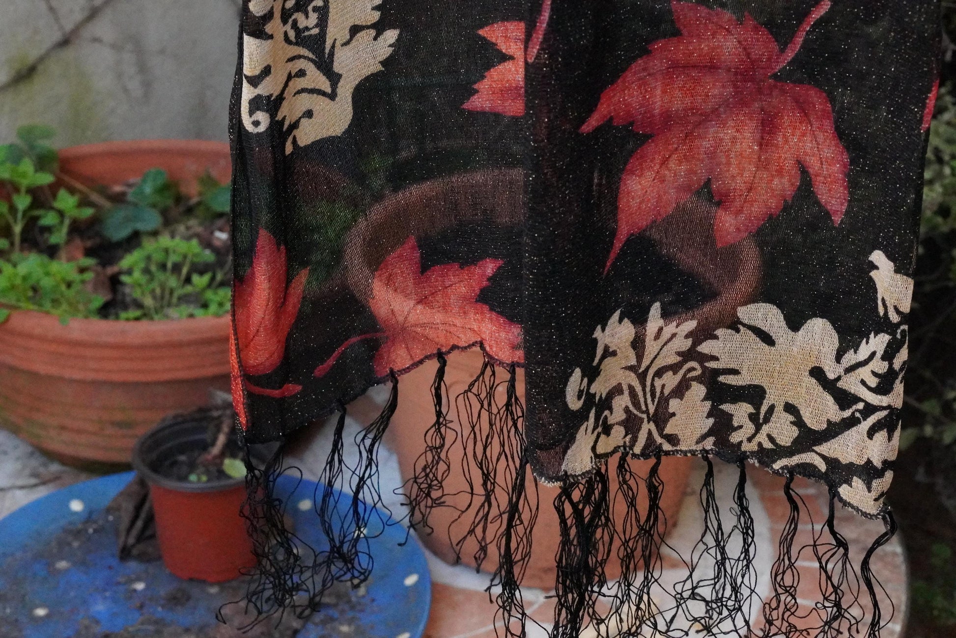 Vintage Maple Leaf Scarf Metallic Gold Damask Shawl Black Red Fall Autumn Wrap