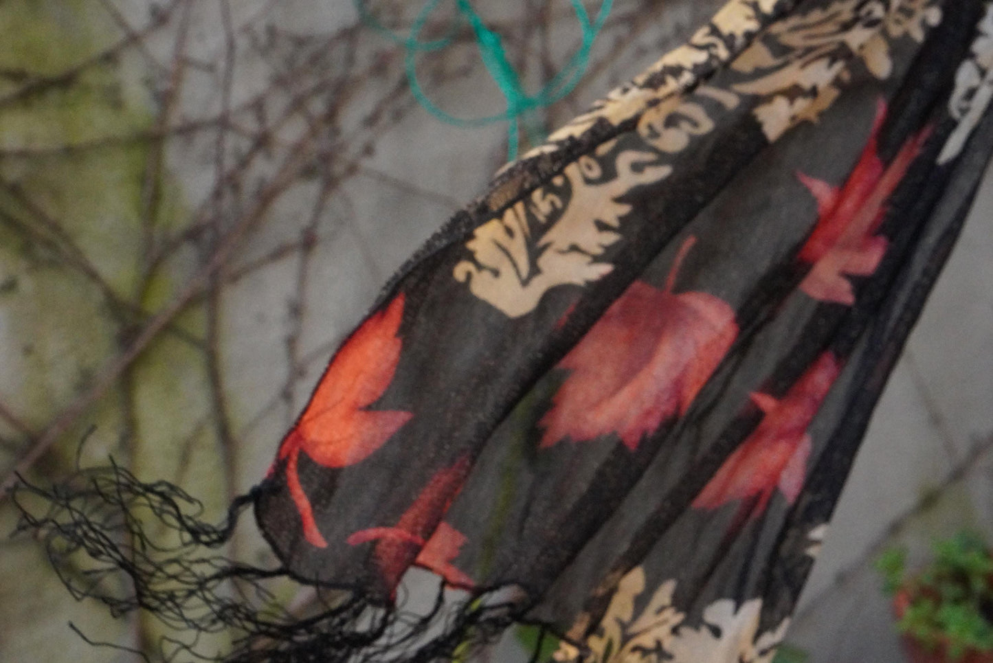 Vintage Maple Leaf Scarf Metallic Gold Damask Shawl Black Red Fall Autumn Wrap