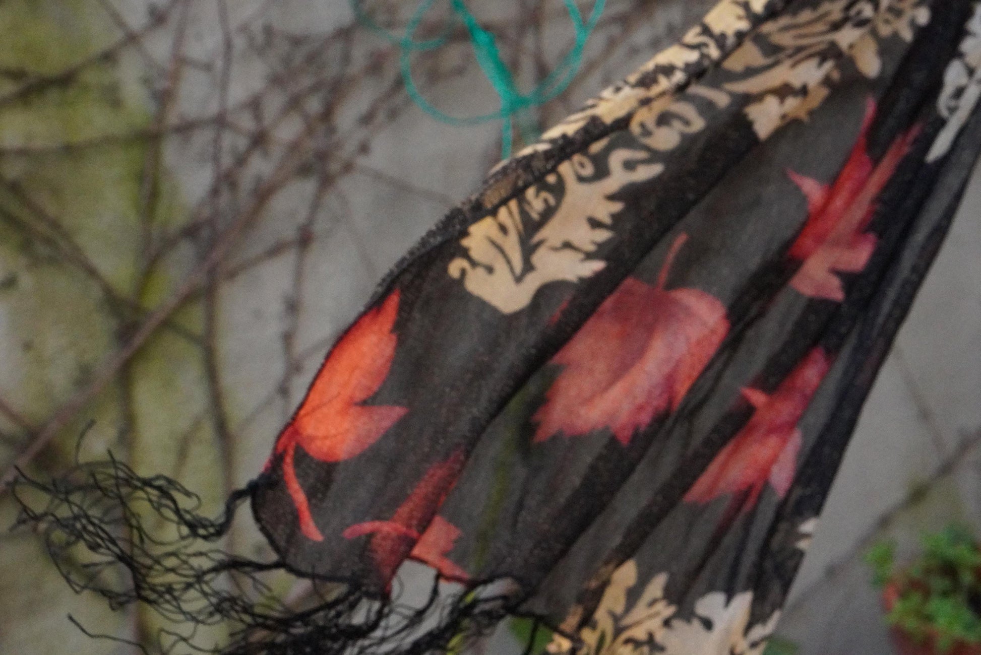 Vintage Maple Leaf Scarf Metallic Gold Damask Shawl Black Red Fall Autumn Wrap