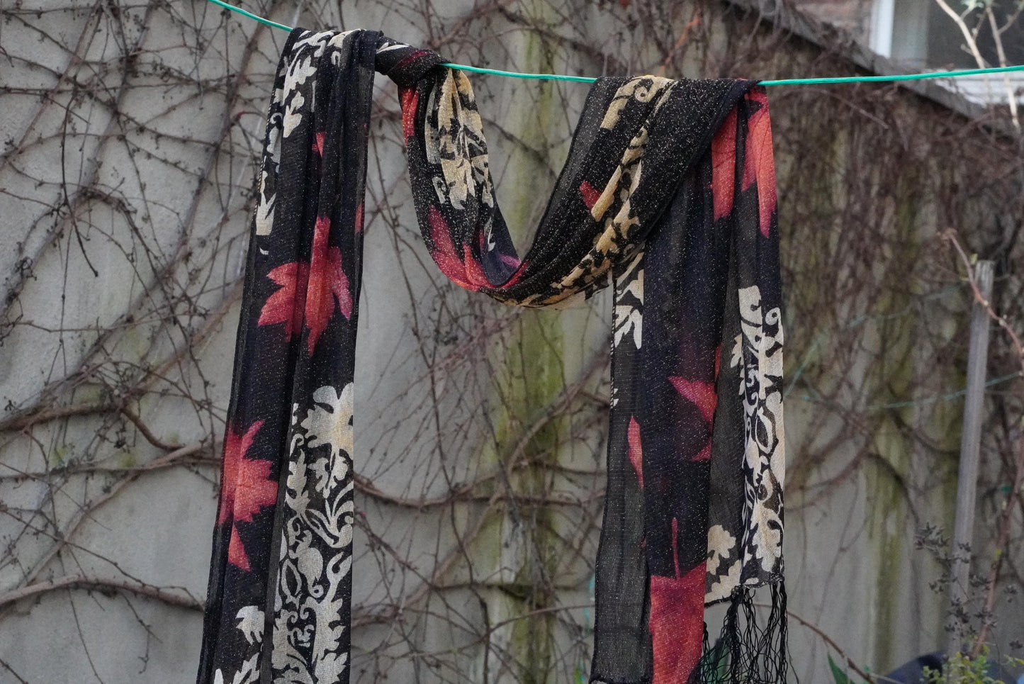 Vintage Maple Leaf Scarf Metallic Gold Damask Shawl Black Red Fall Autumn Wrap