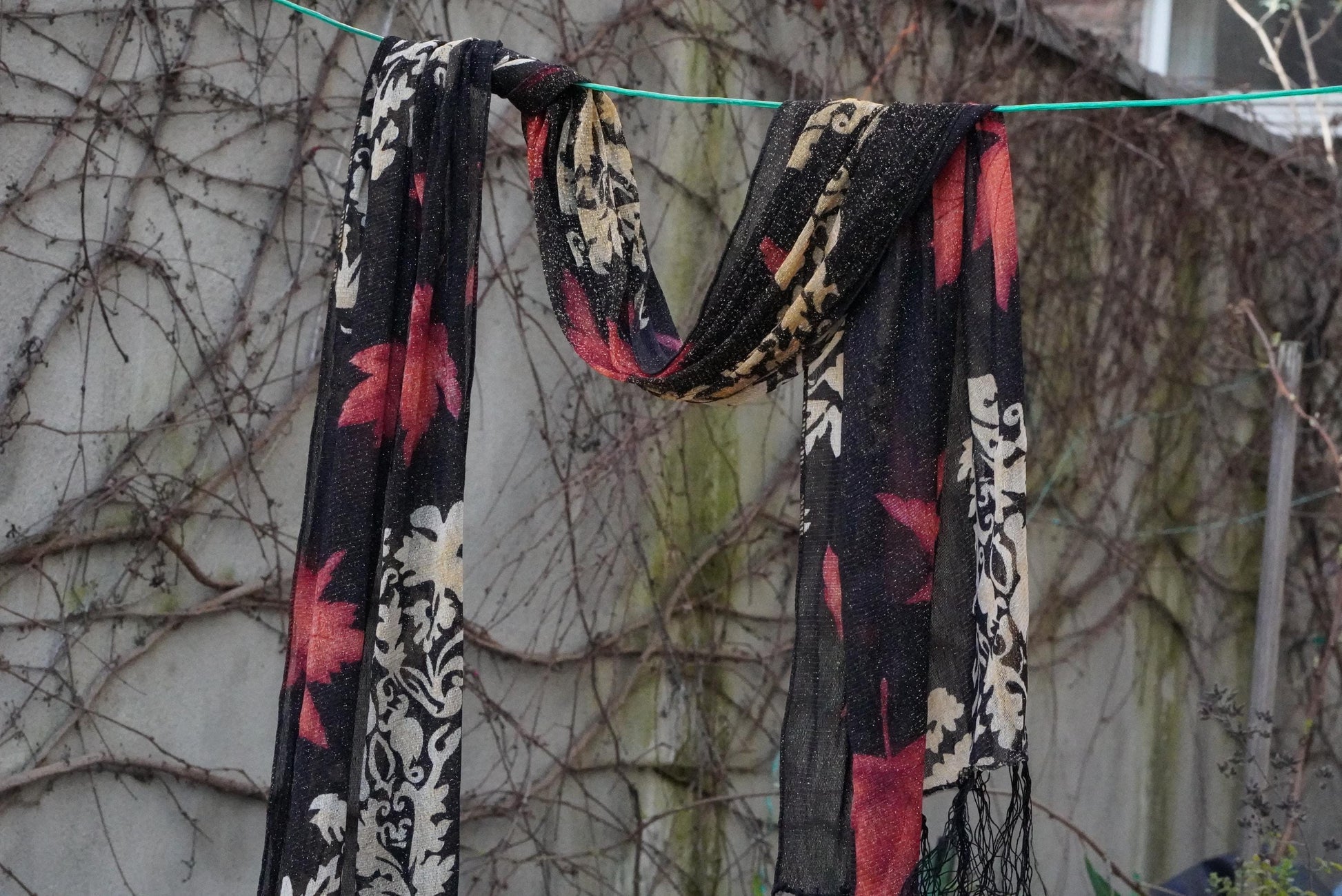 Vintage Maple Leaf Scarf Metallic Gold Damask Shawl Black Red Fall Autumn Wrap