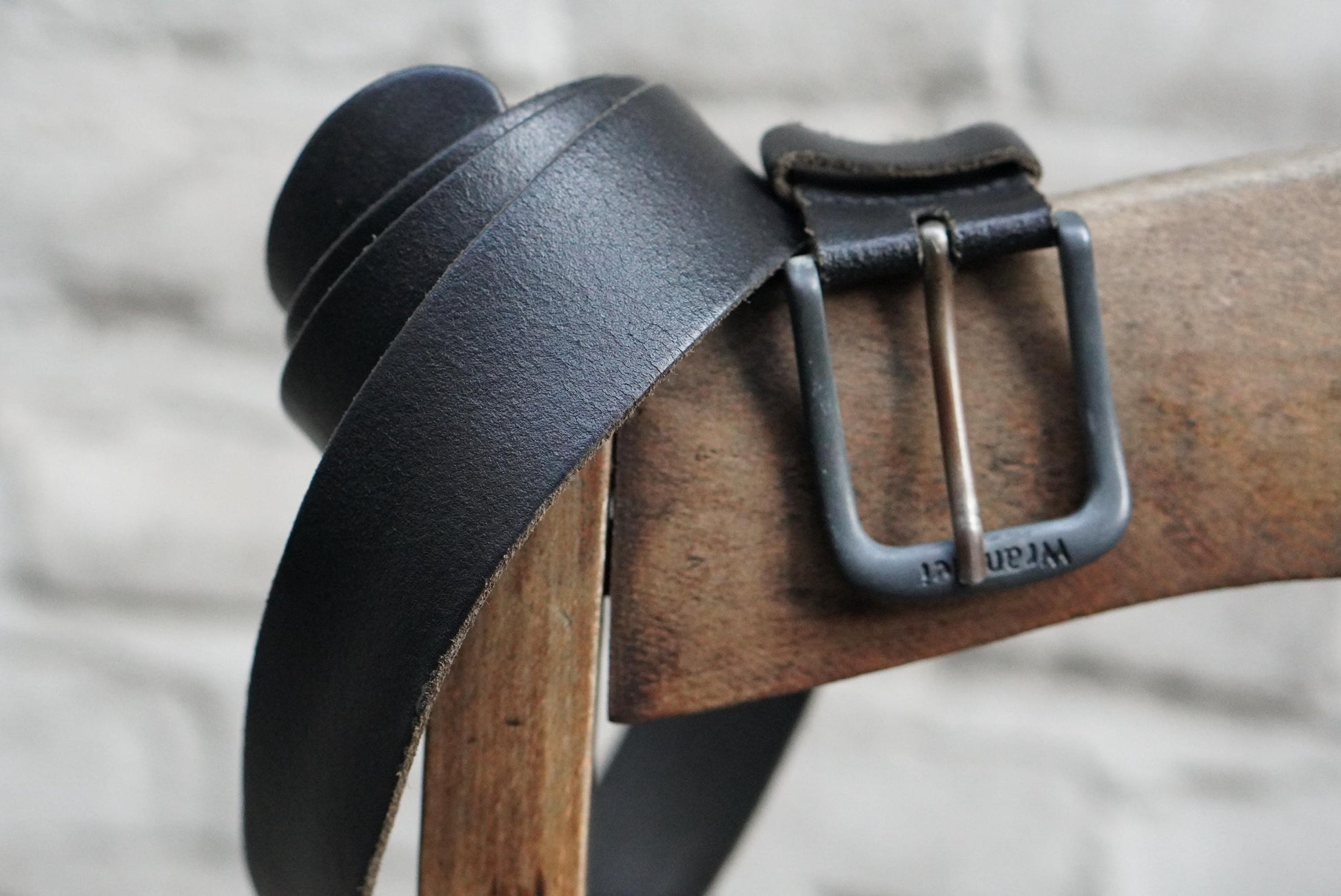 Vintage Wrangler Black Leather Belt with Gunmetal Buckle