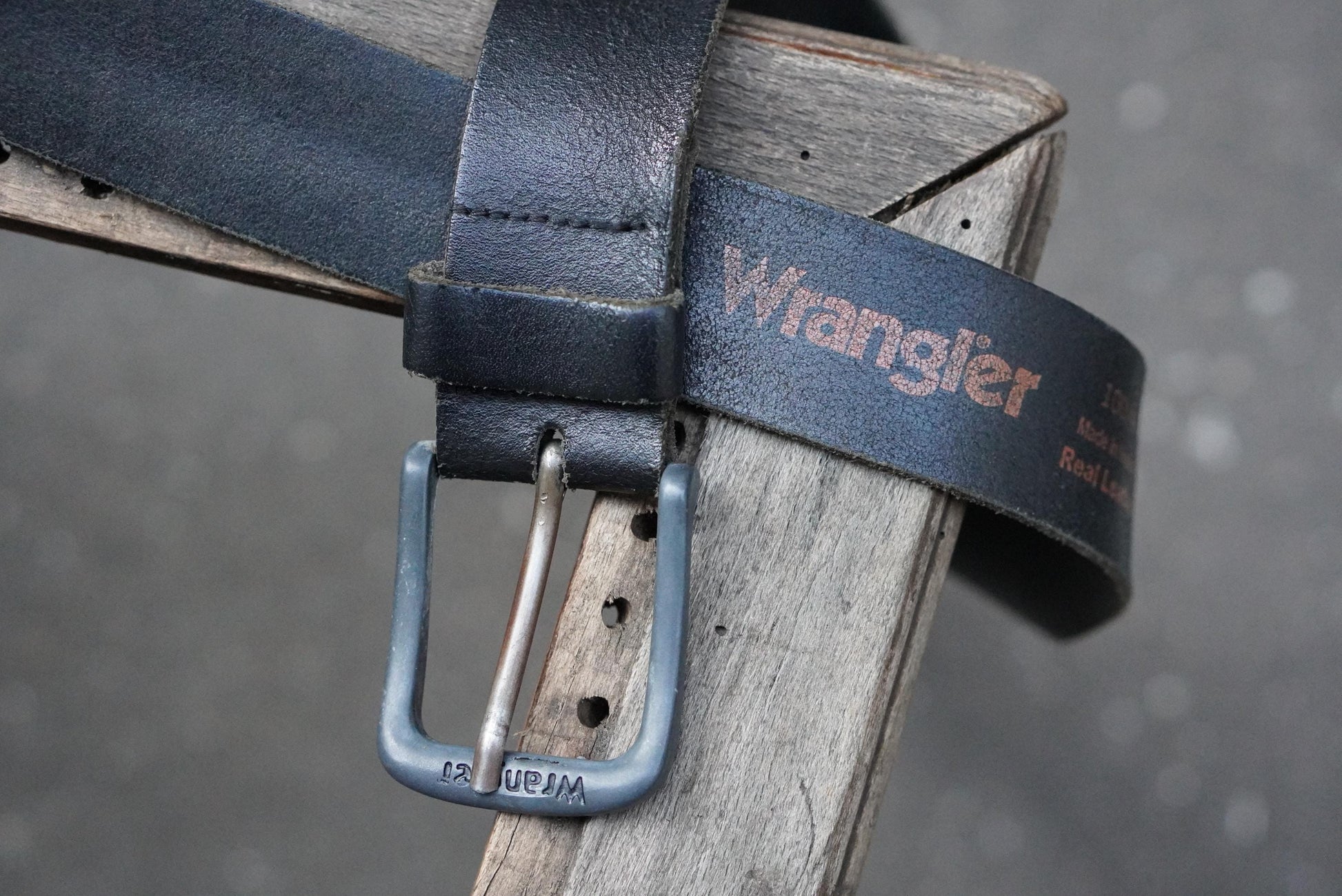 Vintage Wrangler Black Leather Belt with Gunmetal Buckle