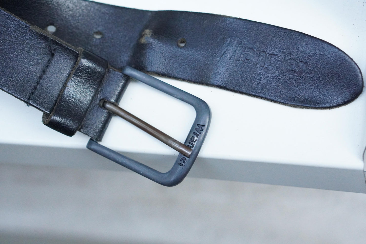 Vintage Wrangler Black Leather Belt with Gunmetal Buckle