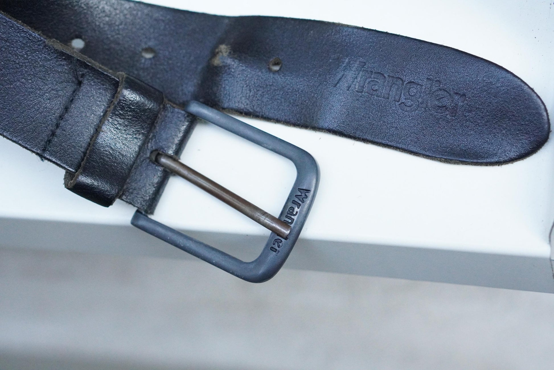Vintage Wrangler Black Leather Belt with Gunmetal Buckle