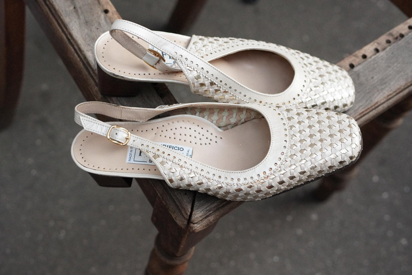Vintage Italian Leather Slingback Shoes Cream Gold Woven Flats Square Toe Size 38.5