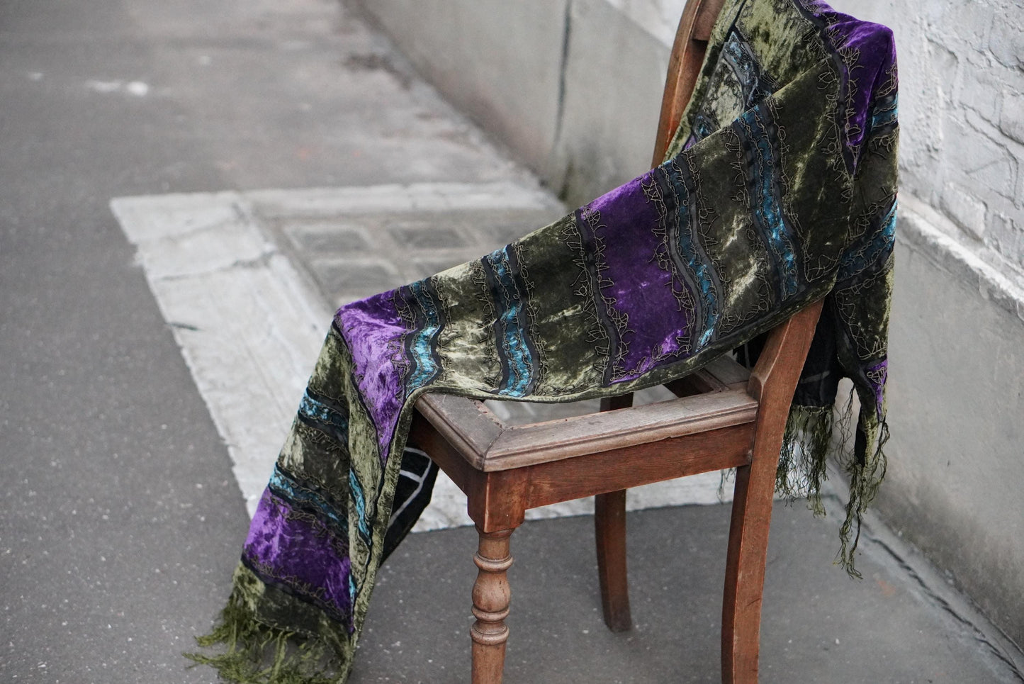 Vintage Silk Velvet Scarf Green Purple Burnout Fringe Wrap Embroidered Devore