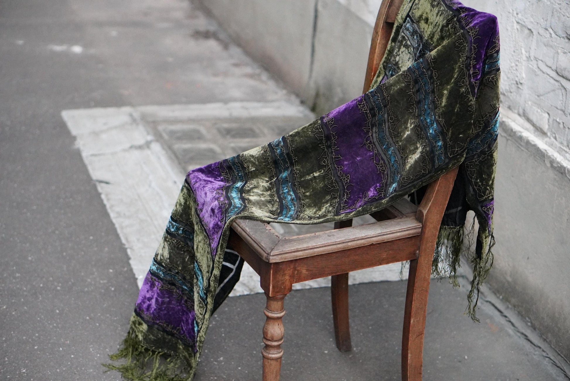 Vintage Silk Velvet Scarf Green Purple Burnout Fringe Wrap Embroidered Devore