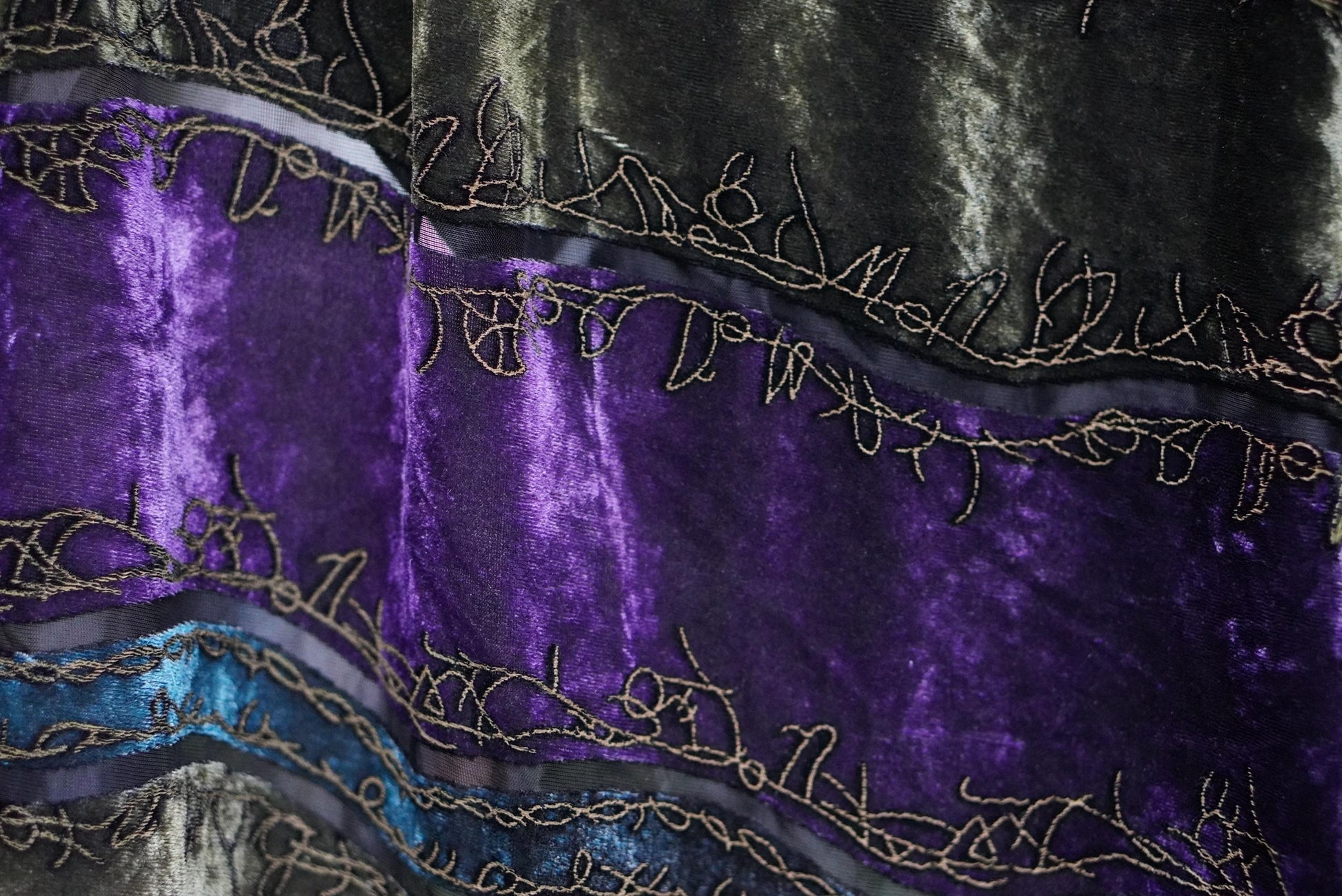 Vintage Silk Velvet Scarf Green Purple Burnout Fringe Wrap Embroidered Devore