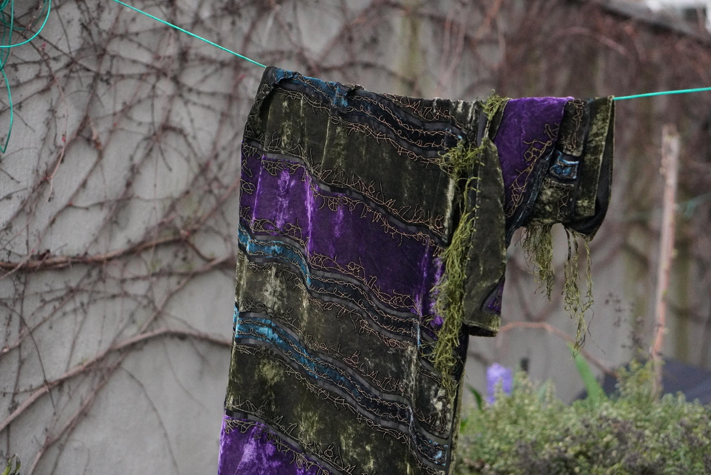 Vintage Silk Velvet Scarf Green Purple Burnout Fringe Wrap Embroidered Devore