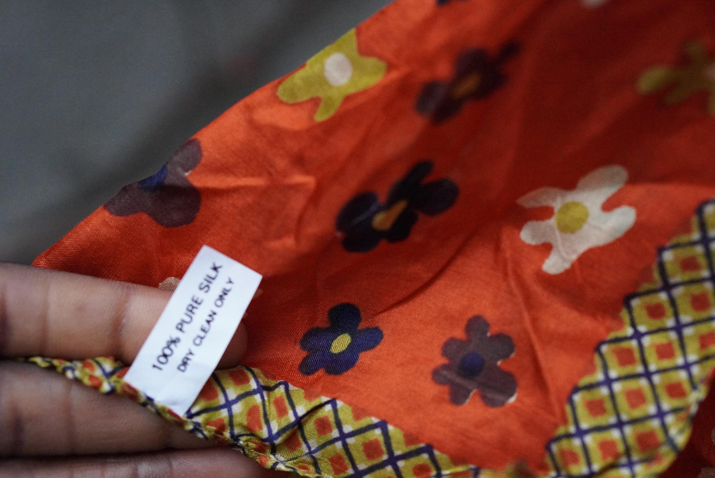 Vintage Silk Scarf Orange Floral 70s Mod Neck Head Wrap Flower Power Retro Square
