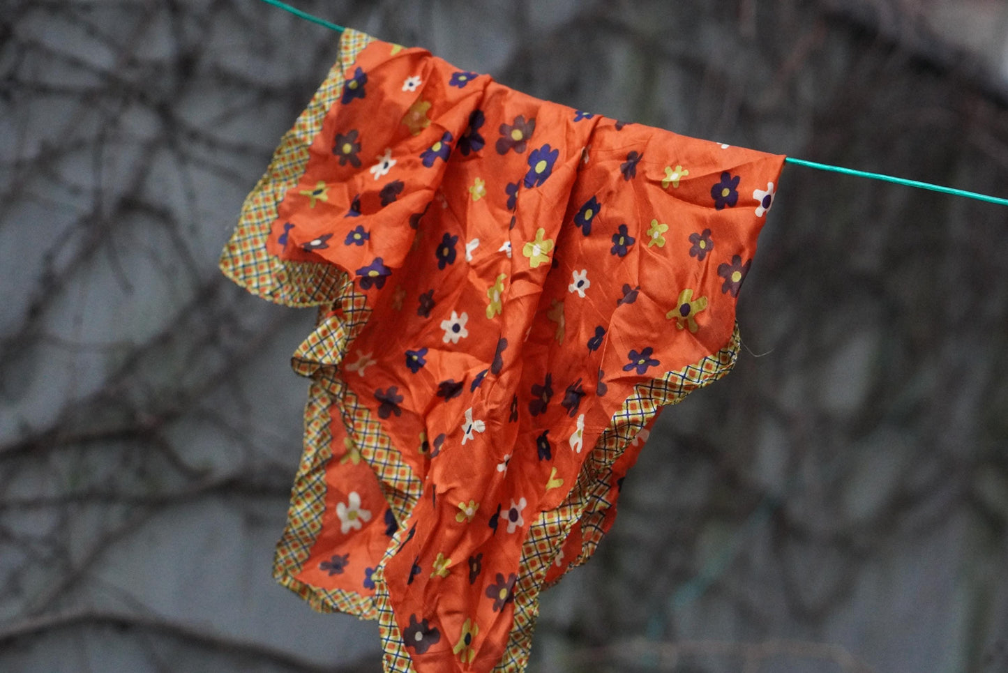 Vintage Silk Scarf Orange Floral 70s Mod Neck Head Wrap Flower Power Retro Square