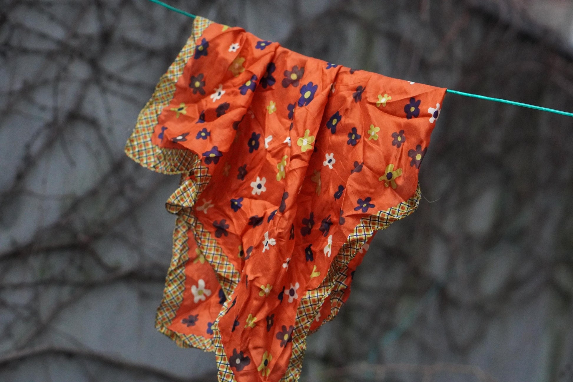 Vintage Silk Scarf Orange Floral 70s Mod Neck Head Wrap Flower Power Retro Square
