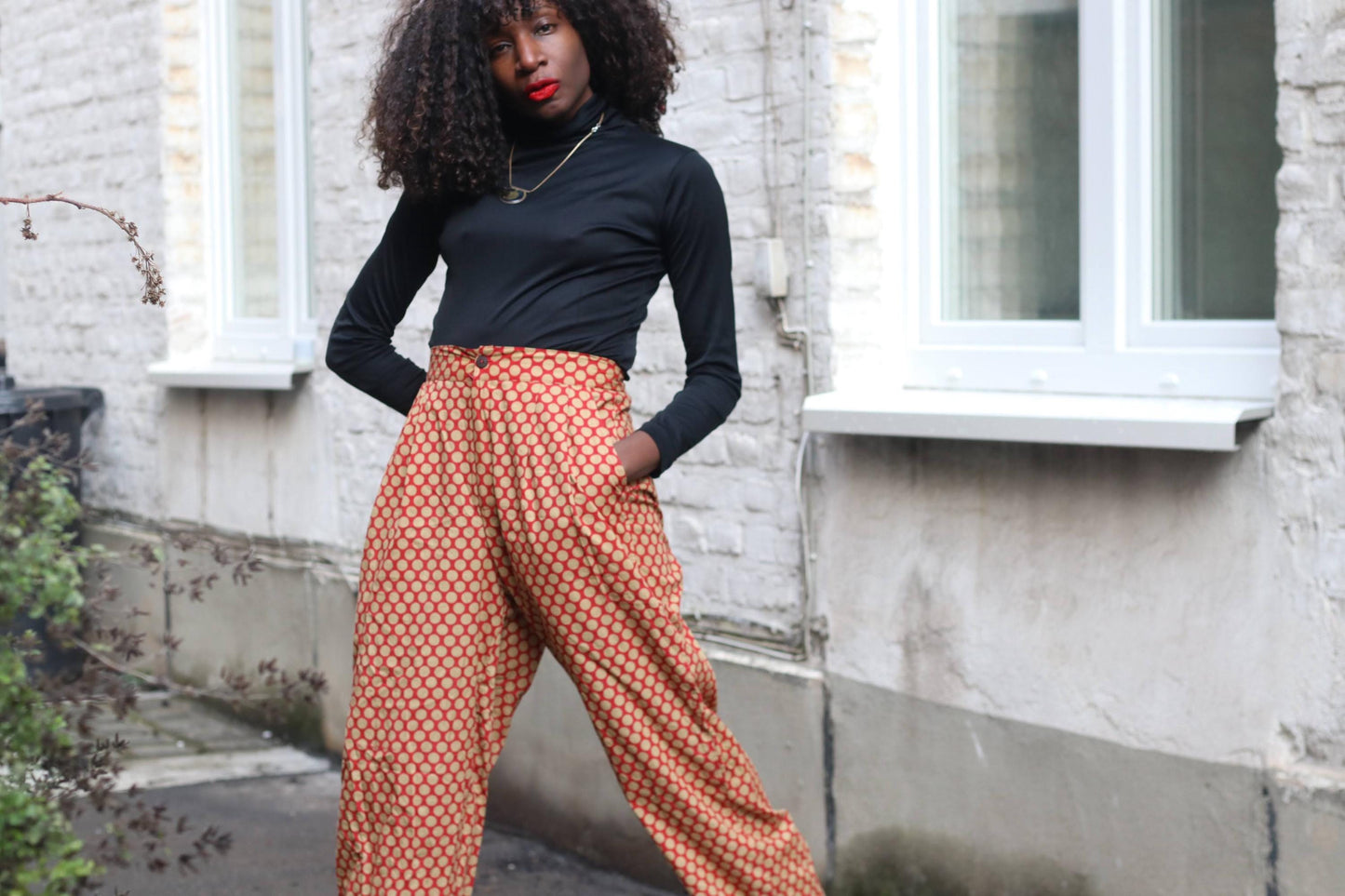Vintage Polka Dot Trousers High Waisted Cotton Pants Red Beige Wide Leg XL Brussels