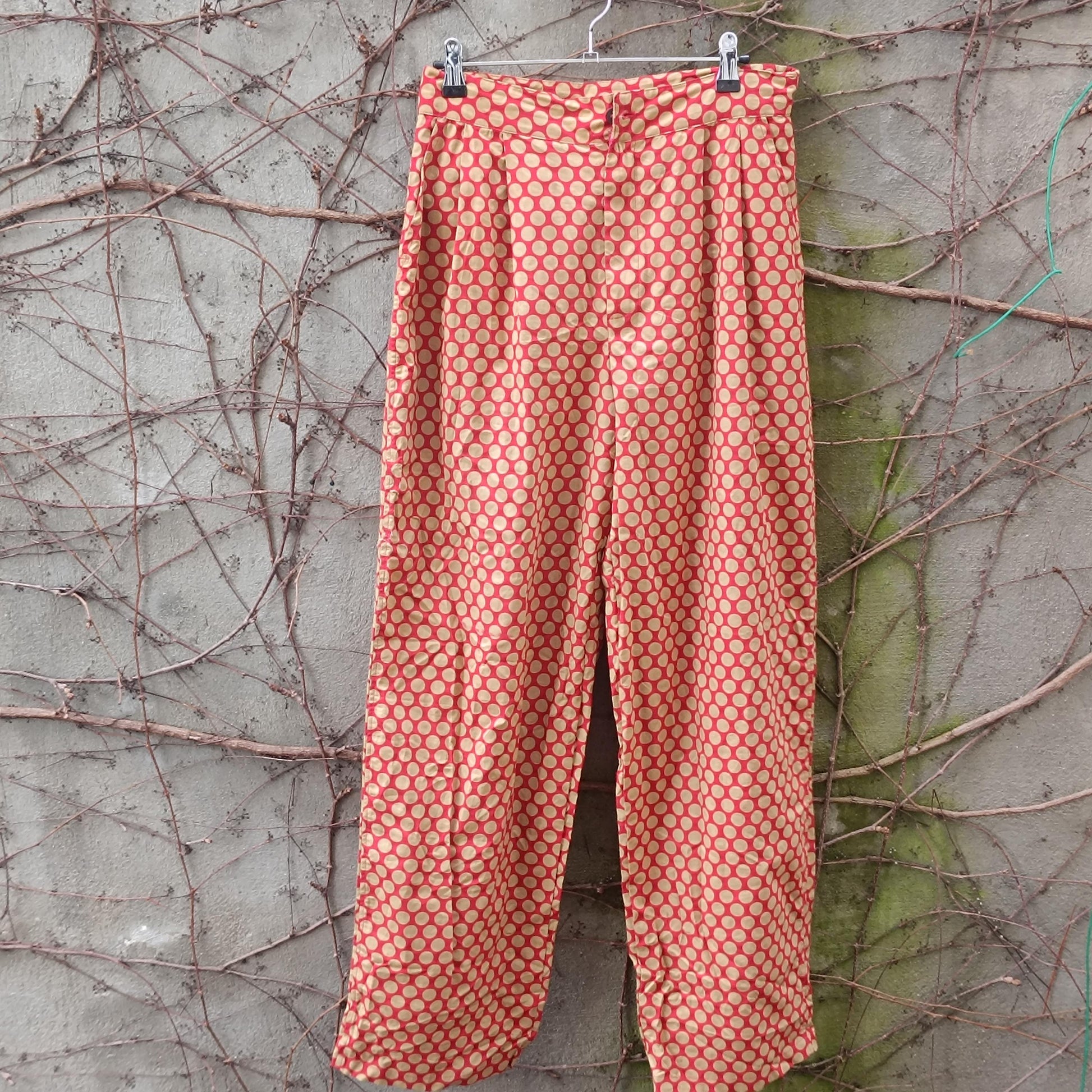 Vintage Polka Dot Trousers High Waisted Cotton Pants Red Beige Wide Leg XL Brussels