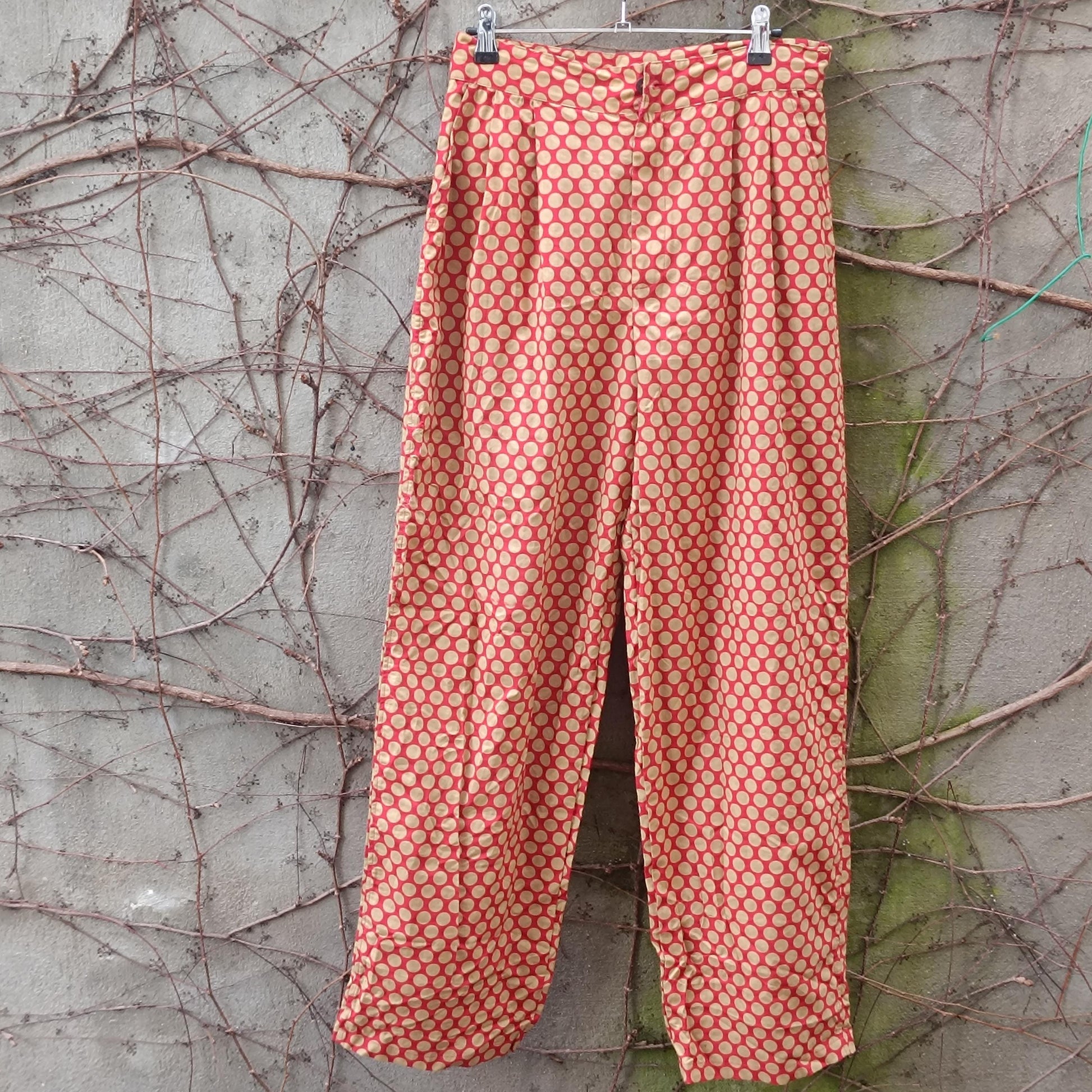 Vintage Polka Dot Trousers High Waisted Cotton Pants Red Beige Wide Leg XL Brussels