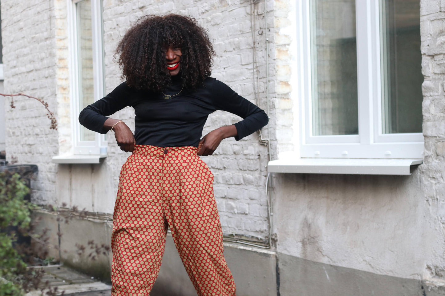 Vintage Polka Dot Trousers High Waisted Cotton Pants Red Beige Wide Leg XL Brussels