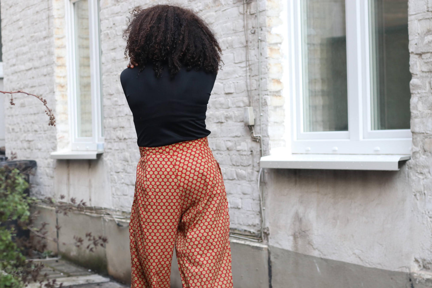 Vintage Polka Dot Trousers High Waisted Cotton Pants Red Beige Wide Leg XL Brussels