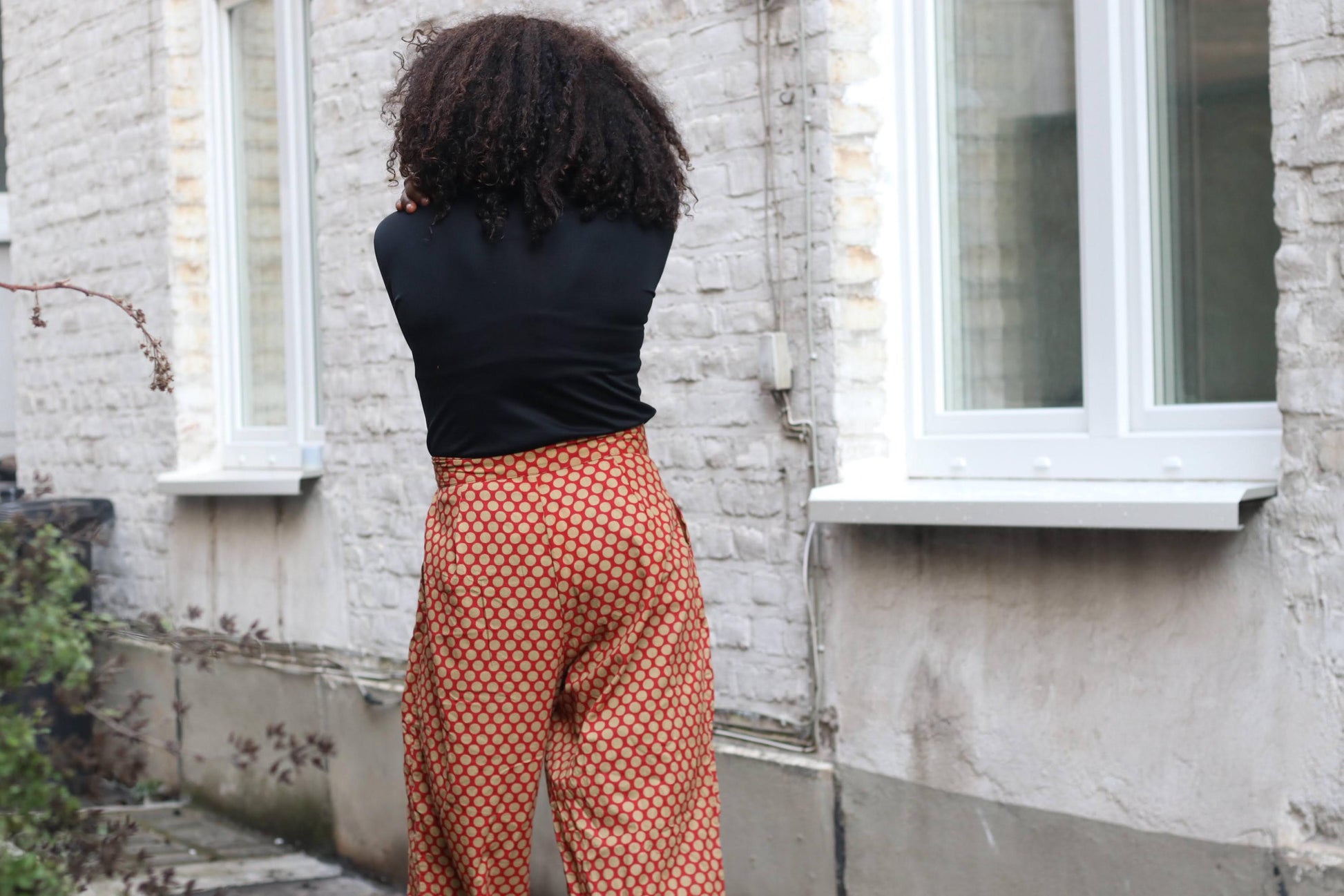 Vintage Polka Dot Trousers High Waisted Cotton Pants Red Beige Wide Leg XL Brussels