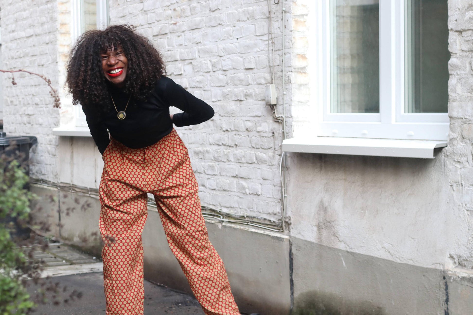 Vintage Polka Dot Trousers High Waisted Cotton Pants Red Beige Wide Leg XL Brussels
