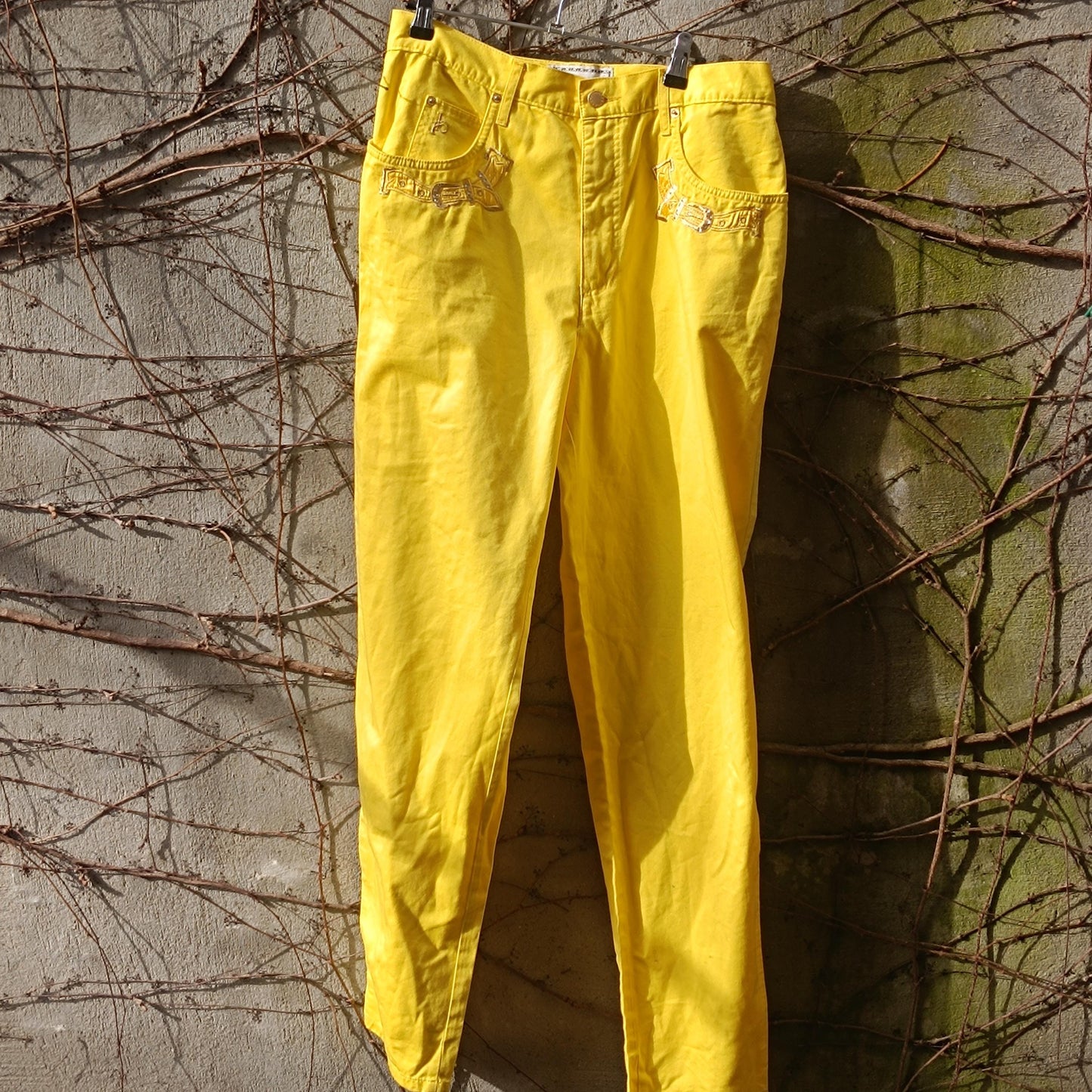 Roccobarocco Yellow Jeans Vintage 90s High Waisted Embroidered Italian Trousers
