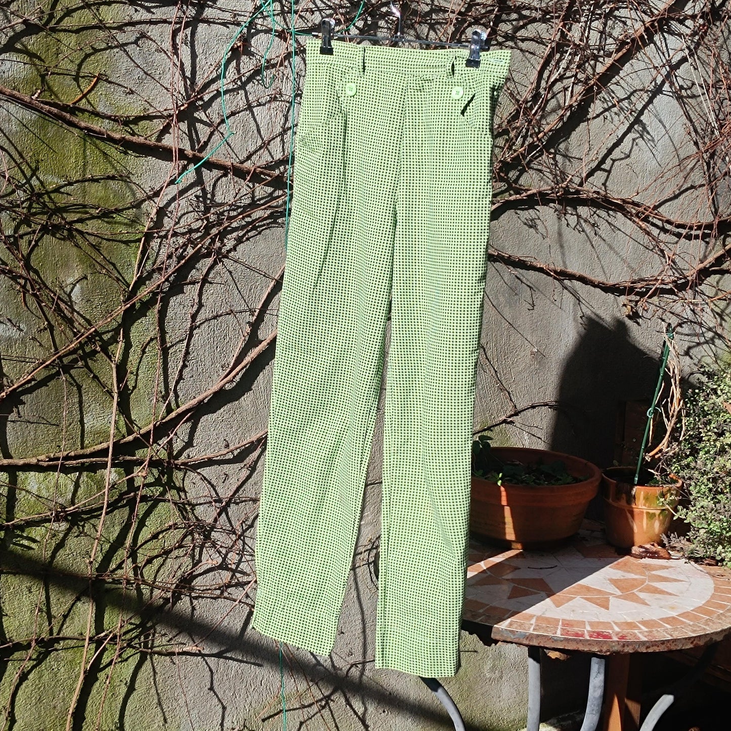 Vintage 90s ESPRIT Lime Green Houndstooth Trousers High Waisted Straight Leg Pants Size 36