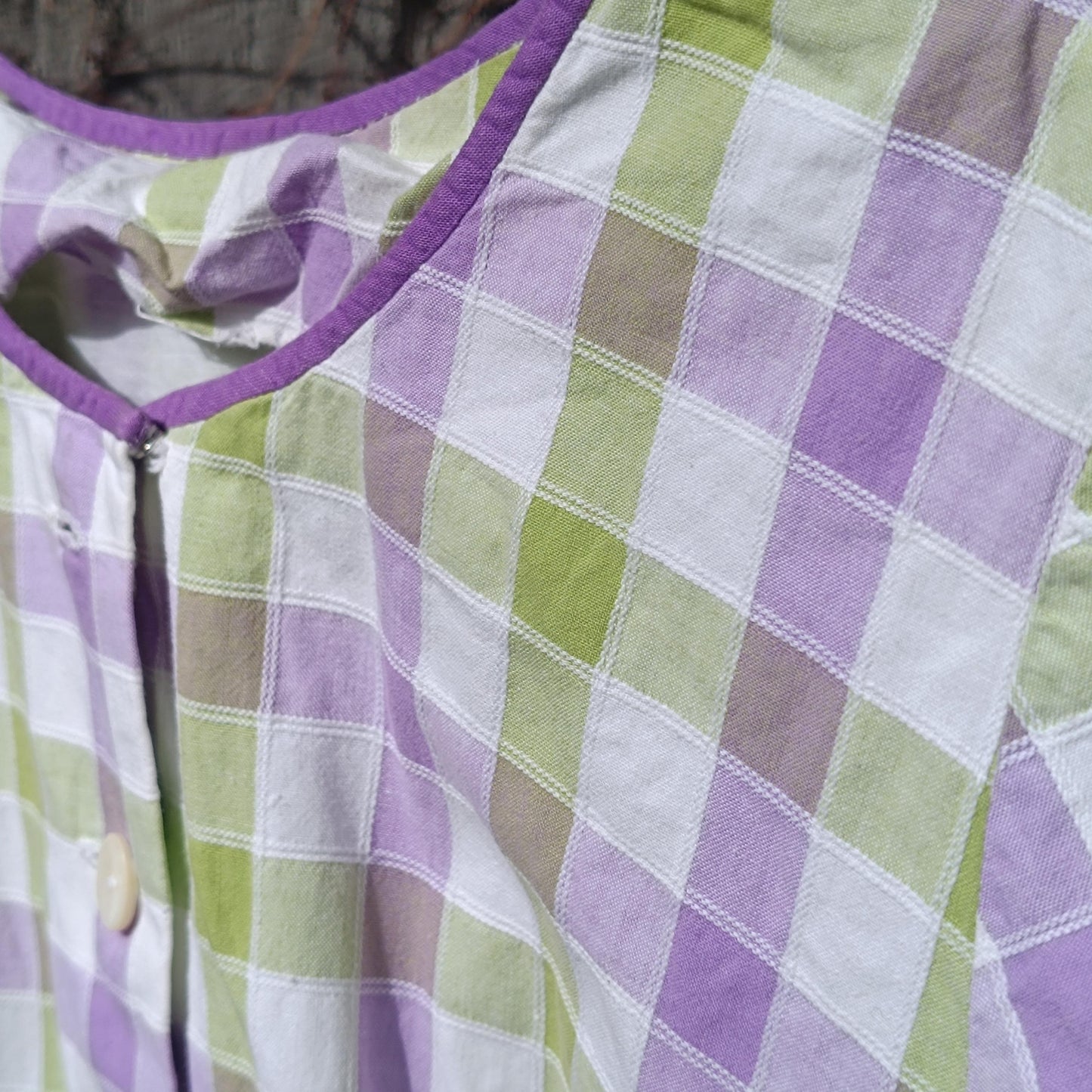 Vintage Gingham Fit and Flare Dress: Purple Green Check Cotton Summer Style