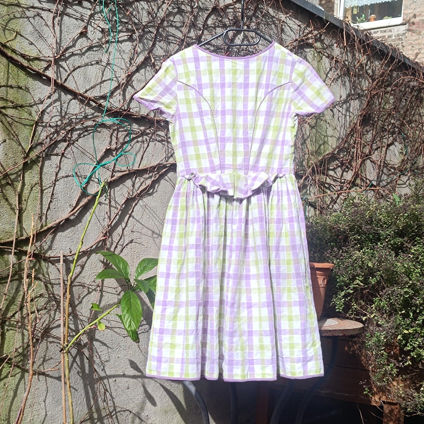 Vintage Gingham Fit and Flare Dress: Purple Green Check Cotton Summer Style