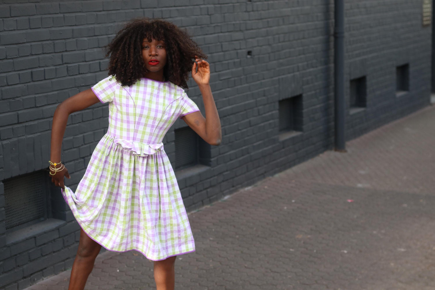 Vintage Gingham Fit and Flare Dress: Purple Green Check Cotton Summer Style